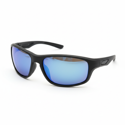 Sporty wraparound sunglasses with blue mirror lenses